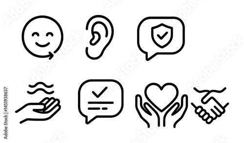 Communication and wellness outline icons set – hand gestures, conversation symbols