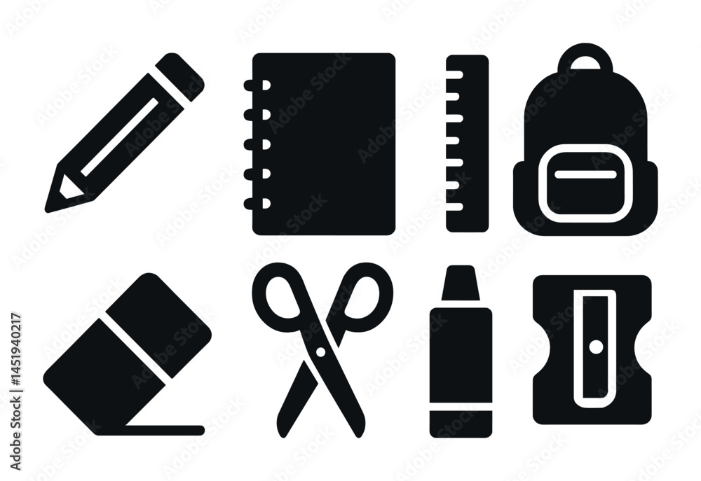 Fototapeta premium School supplies solid icons set – stationery, education, learning tools
