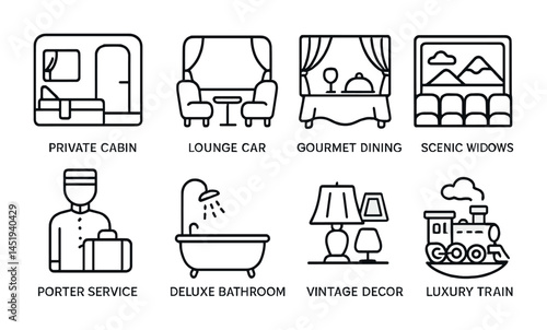 Luxury train journey outline icons set – travel, comfort, vintage design symbols