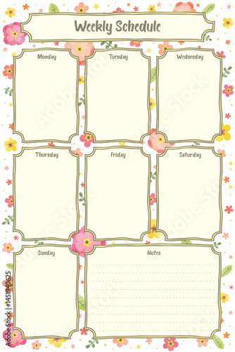 Back to school daily weekly monthly planner with floral flower decoration background journal list memo classroom timetable schedule for kids student teacher in purple pink hand drawing template
