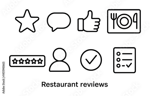 Restaurant reviews outline icons set – linear, feedback, dining and rating symbols