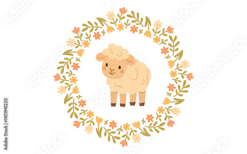 Cute lamb framed by floral wreath, perfect for spring farm designs and countryside nature illustrations featuring baby sheep, pasture, and rustic charm.