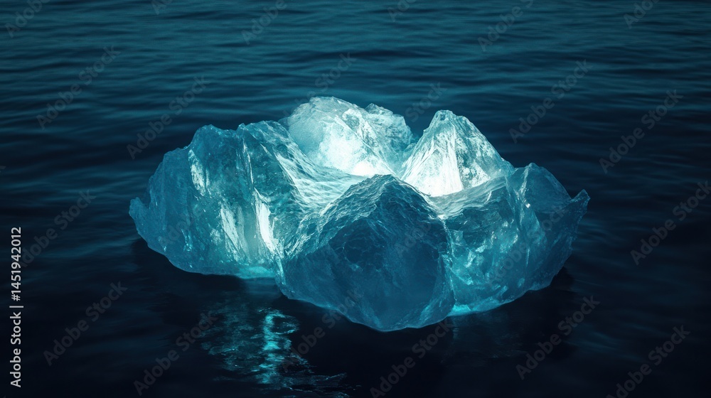 Fototapeta premium A glowing translucent iceberg floating peacefully in dark ocean water