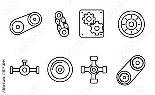 Mechanical engineering icons set – outline, linear, machinery and tools symbols