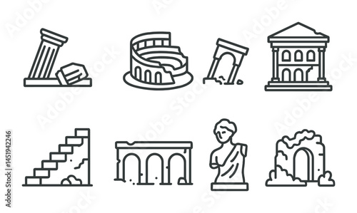 Ancient architecture outline icons set – linear, silhouette, historical building symbols