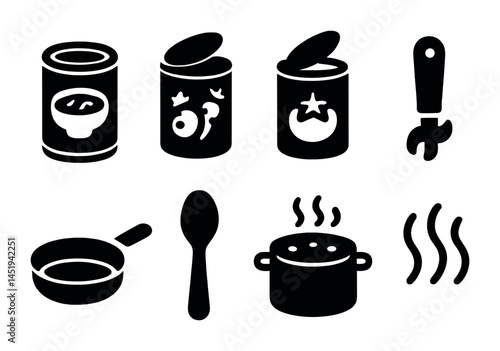 Canned food silhouette icons set – solid, cooking, kitchen essentials symbols