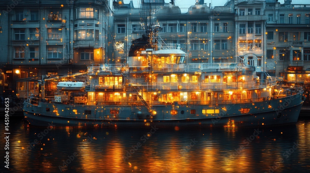 Fototapeta premium Illuminated ship docked at night, city backdrop