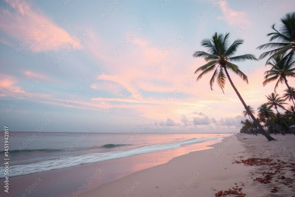 Fototapeta premium Serene Sunset Beach: Palm Trees Silhouette at Dawn
