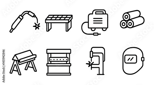 Welding tools outline icons set – linear, silhouette, metalwork and fabrication symbols