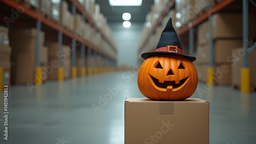 Halloween Jack O'Lantern Pumpkin on Box in Warehouse