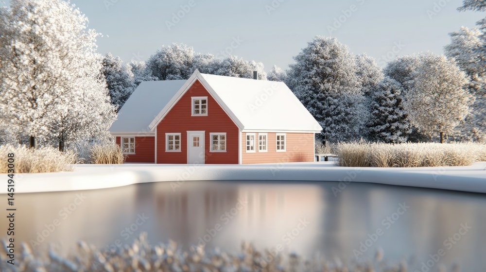 Red house winter scene snow pond trees bright sunlight Red house winter scene snow pond trees bright sunlight