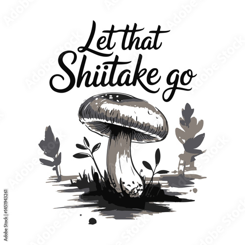 Vector illustration depicts isolated white toadstool mushroom on a black background, a fungus of nature