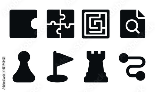 Board game solid icons set – puzzle, strategy, gaming symbols collection