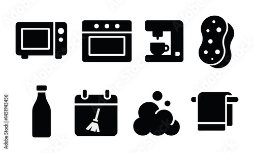 Kitchen and cleaning solid icons set – silhouette, household, domestic symbols