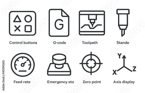 Cnc machine tools outline icons set – flat, linear, engineering symbols