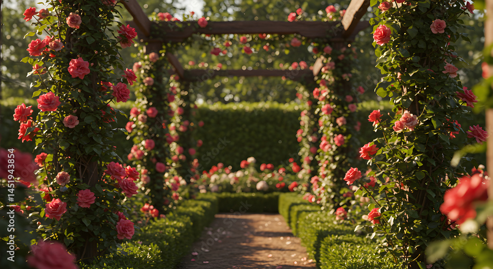 Romantic Rose Garden Path With Wooden Arbors And Lush Greenery Romantic Rose Garden Path With Wooden Arbors And Lush Greenery