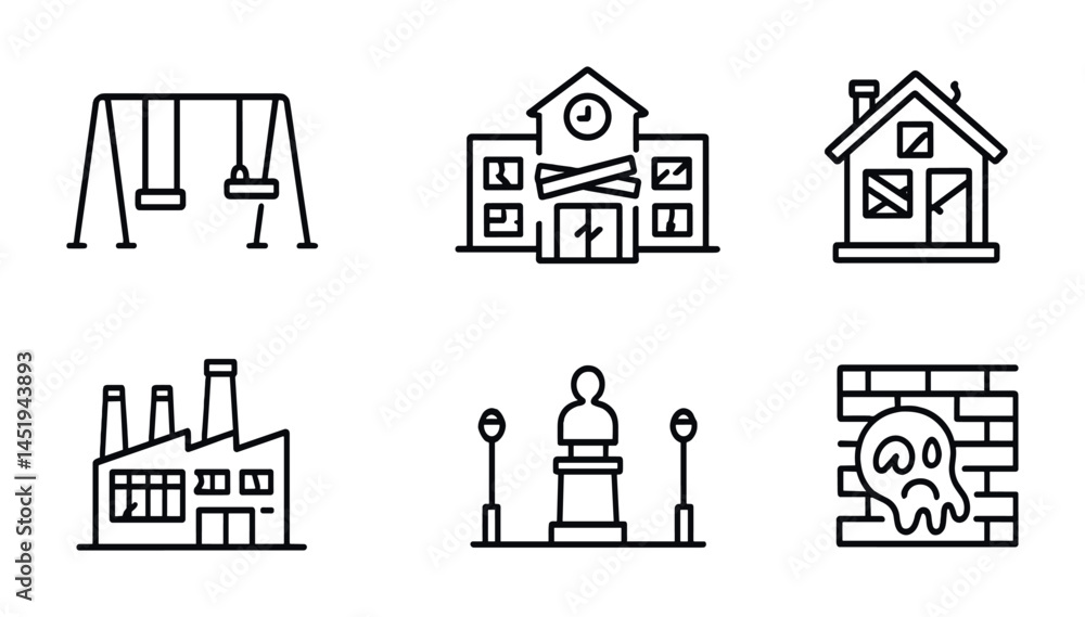 Public buildings outline icons set – linear, school, house, factory symbols Public buildings outline icons set – linear, school, house, factory symbols