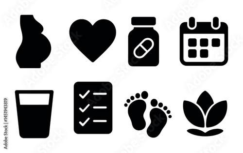 Pregnancy and health solid icons set – silhouette, wellness, maternity symbols