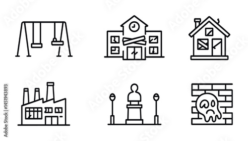 Public buildings outline icons set – linear, school, house, factory symbols