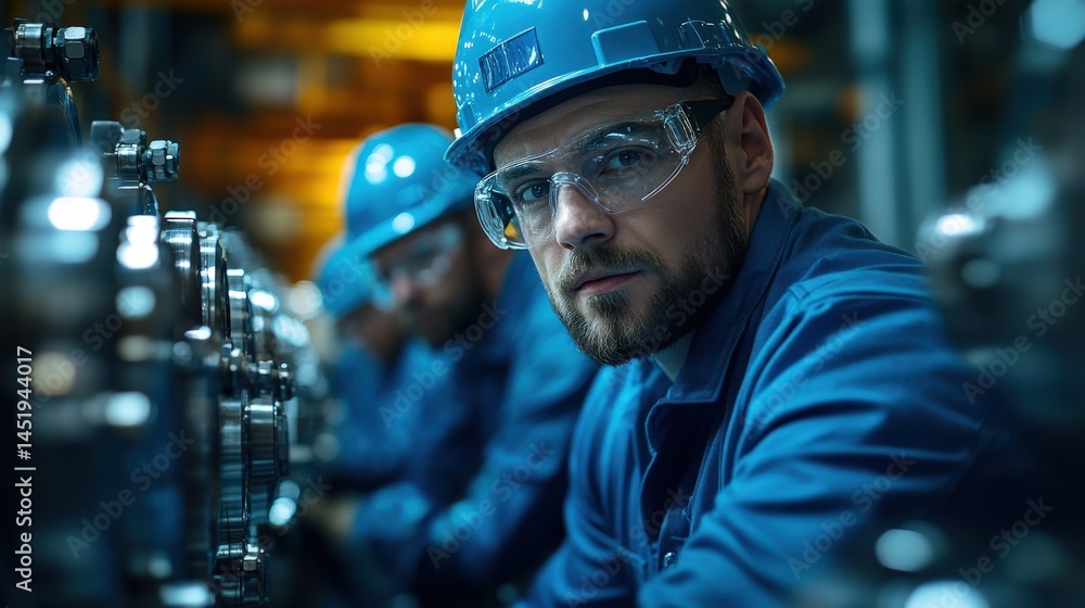 Skilled worker in a blue uniform and helmet inspecting machinery in a busy industrial setting Skilled worker in a blue uniform and helmet inspecting machinery in a busy industrial setting