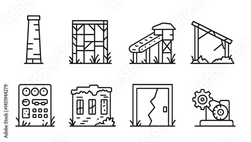 Mining and industry outline icons set – linear, silhouette, equipment and machinery symbols