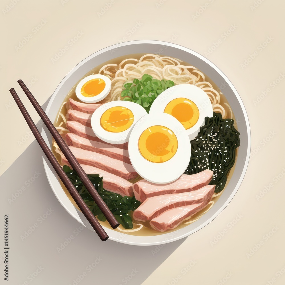 steaming bowl of ramen with sliced chashu pork, soft-boiled egg, green onions, nori sheet, chopsticks beside bowl, vector style illustration, subtle splashes, detailed broth texture, light background