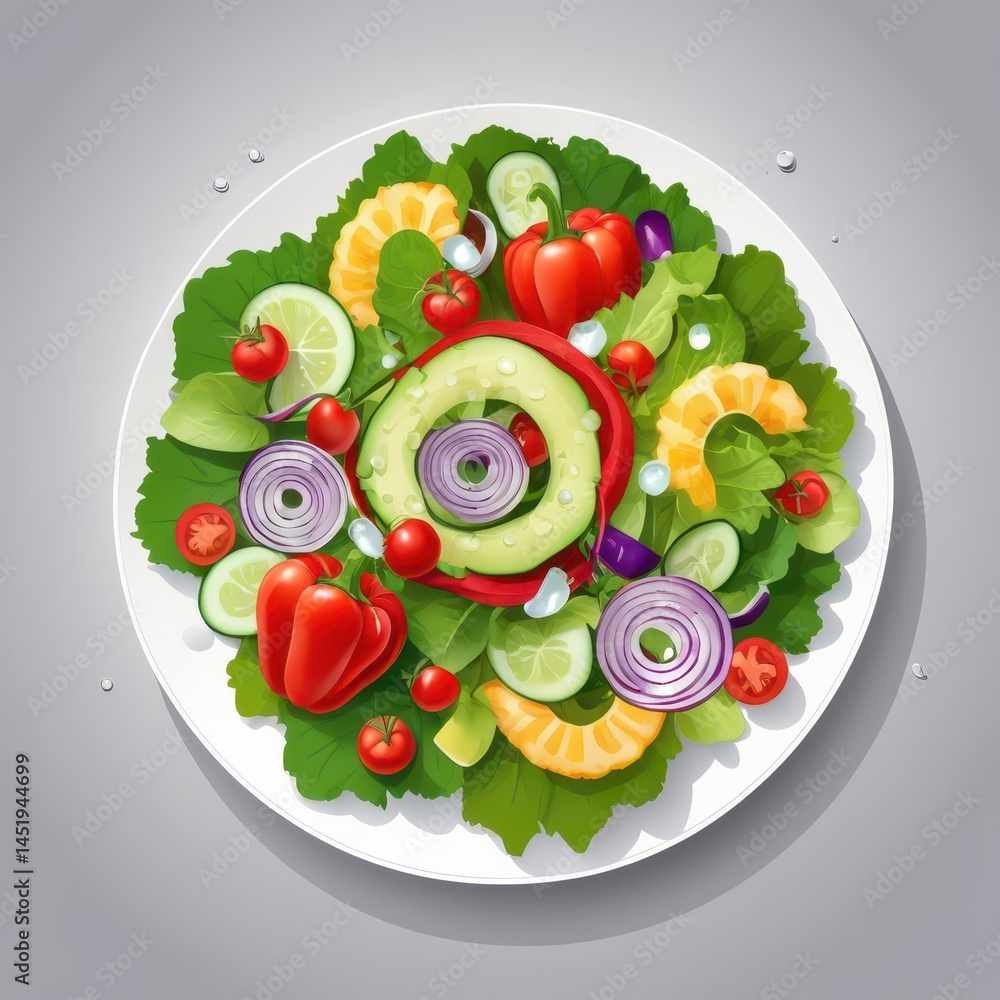 fresh garden salad with crisp lettuce, cherry tomatoes, cucumber slices, red onion rings, colorful bell peppers, white plate, vector illustration style, vibrant colors, water droplets on vegetables, c