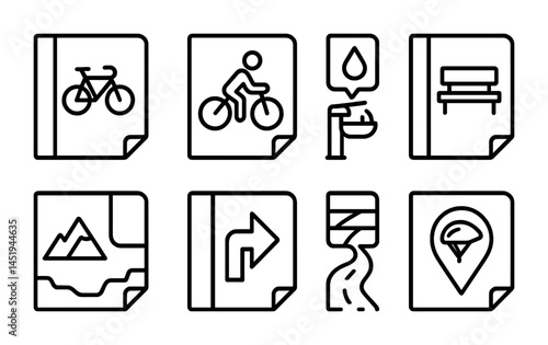 Outdoor recreation icons set – line, outline, biking and hiking symbols