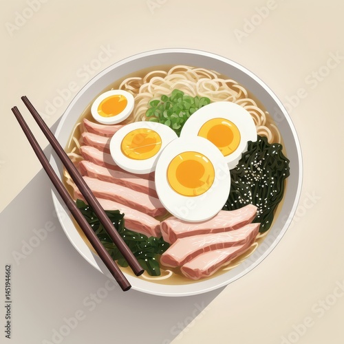 Obraz na płótnie steaming bowl of ramen with sliced chashu pork, soft-boiled egg, green onions, nori sheet, chopsticks beside bowl, vector style illustration, subtle splashes, detailed broth texture, light background w salonie