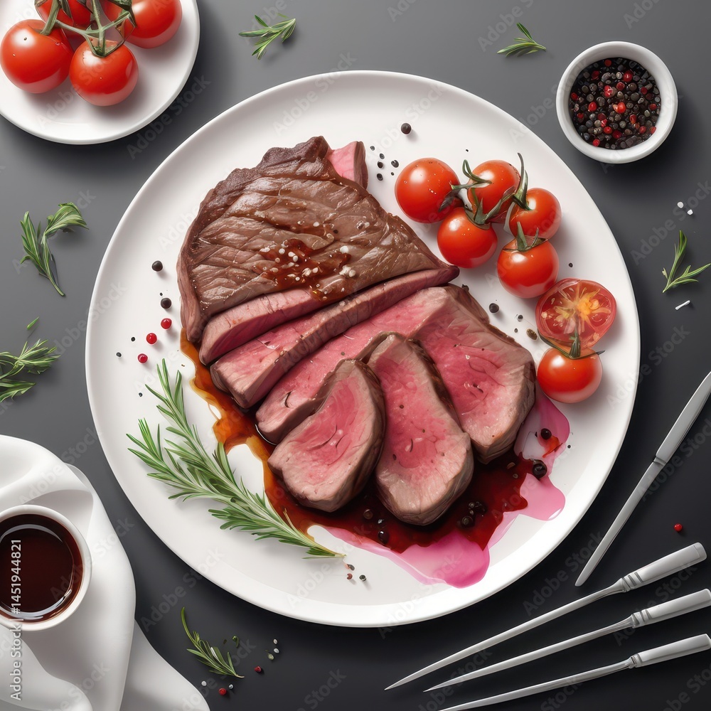 vector food illustration of medium-rare sliced steak on white plate, juicy pink center with charred edges, rich brown sauce drizzle, cherry tomato garnish, scattered peppercorns and herbs, thin black
