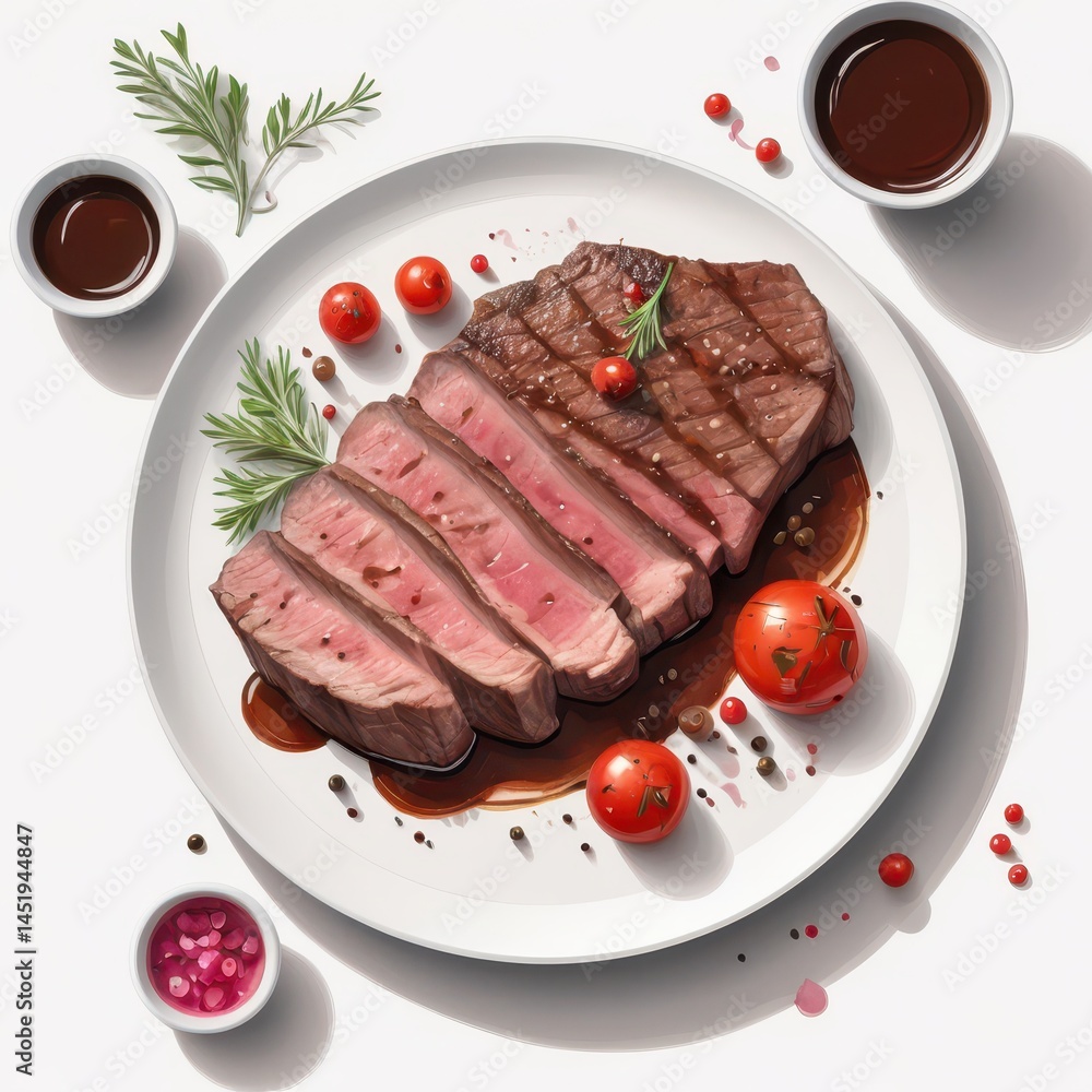 vector food illustration of medium-rare sliced steak on white plate, juicy pink center with charred edges, rich brown sauce drizzle, cherry tomato garnish, scattered peppercorns and herbs, thin black