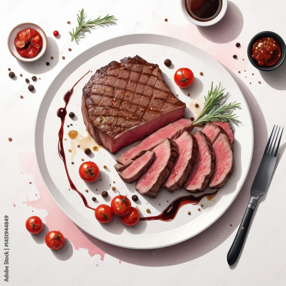 vector food illustration of medium-rare sliced steak on white plate, juicy pink center with charred edges, rich brown sauce drizzle, cherry tomato garnish, scattered peppercorns and herbs, thin black