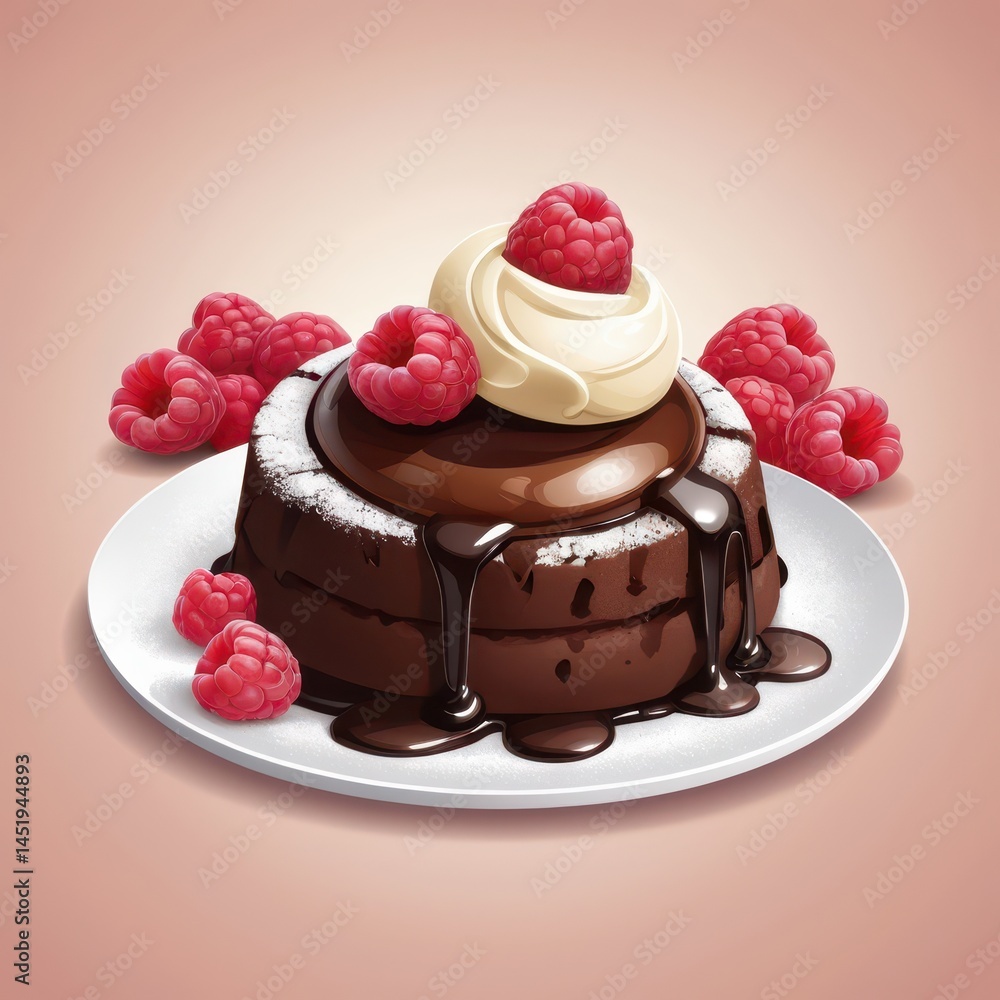 chocolate lava cake with oozing center, dusted with powdered sugar, fresh raspberries beside, vanilla ice cream scoop melting slightly, vector dessert illustration, detailed textures, warm lighting