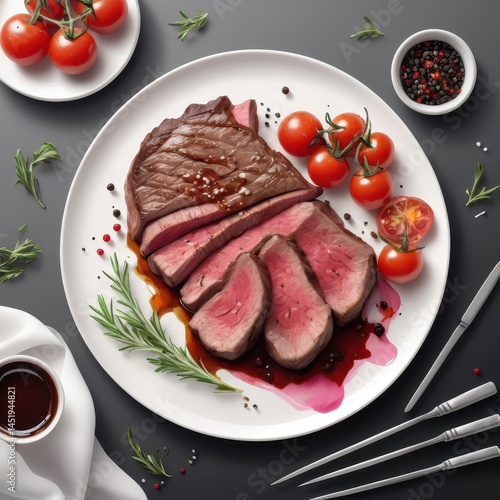 Obraz na płótnie vector food illustration of medium-rare sliced steak on white plate, juicy pink center with charred edges, rich brown sauce drizzle, cherry tomato garnish, scattered peppercorns and herbs, thin black w salonie