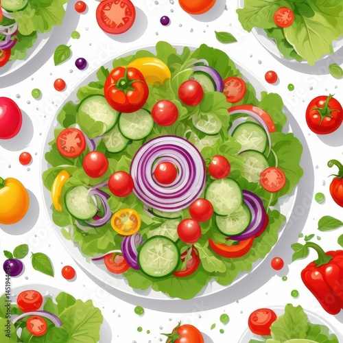 fresh garden salad with crisp lettuce, cherry tomatoes, cucumber slices, red onion rings, colorful bell peppers, white plate, vector illustration style, vibrant colors, water droplets on vegetables, c