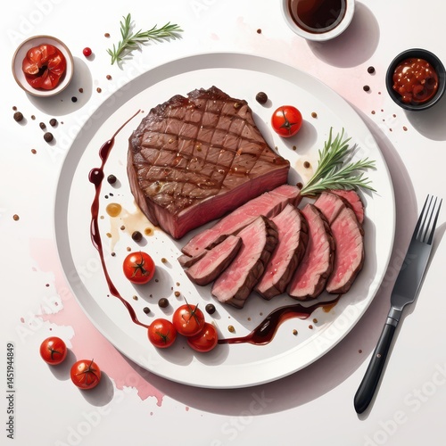 Obraz na płótnie vector food illustration of medium-rare sliced steak on white plate, juicy pink center with charred edges, rich brown sauce drizzle, cherry tomato garnish, scattered peppercorns and herbs, thin black w salonie