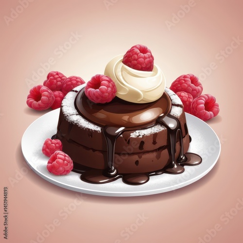 Obraz na płótnie chocolate lava cake with oozing center, dusted with powdered sugar, fresh raspberries beside, vanilla ice cream scoop melting slightly, vector dessert illustration, detailed textures, warm lighting w salonie