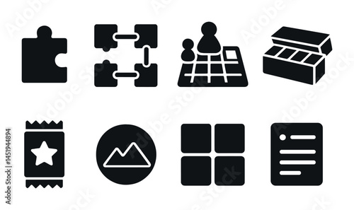 Puzzle and game solid icons set – silhouette, pieces, strategy and logic symbols
