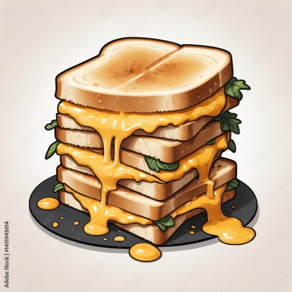 detailed vector drawing of grilled cheese sandwich with multiple layers, toasted bread with grill marks, oozing melted cheese dripping down sides, tiny scattered herbs, soft shadow underneath, warm am