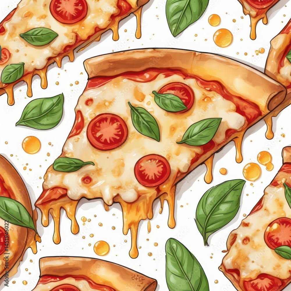 vector illustration of steaming pizza slice with stretchy melted cheese, fresh basil leaves, thin tomato slices, dripping oil droplets, crispy golden crust, delicate black outline, subtle watercolor t
