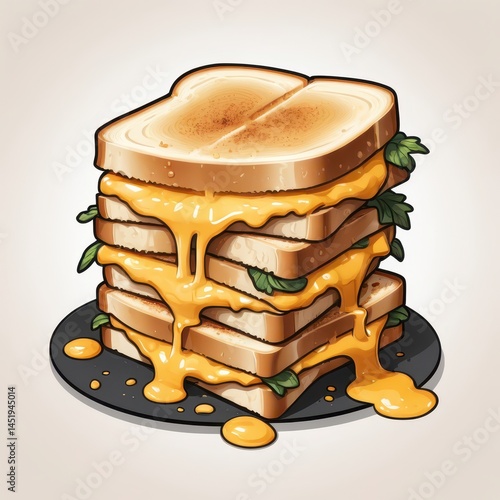 Obraz na płótnie detailed vector drawing of grilled cheese sandwich with multiple layers, toasted bread with grill marks, oozing melted cheese dripping down sides, tiny scattered herbs, soft shadow underneath, warm am w salonie