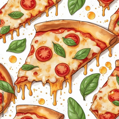 Obraz na płótnie vector illustration of steaming pizza slice with stretchy melted cheese, fresh basil leaves, thin tomato slices, dripping oil droplets, crispy golden crust, delicate black outline, subtle watercolor t w salonie