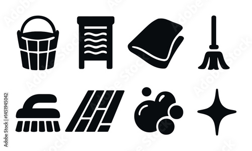 Cleaning and housekeeping solid icons set – hygiene, sanitation, cleaning tools
