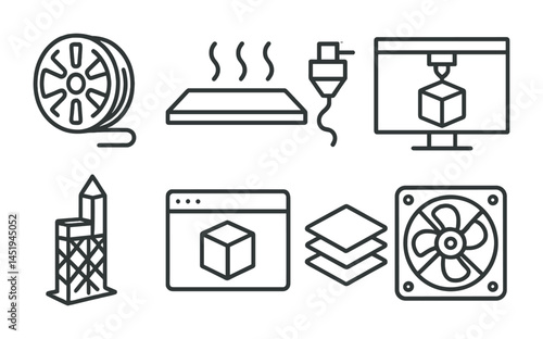 3d printing line icons set – manufacturing, technology, industry symbols