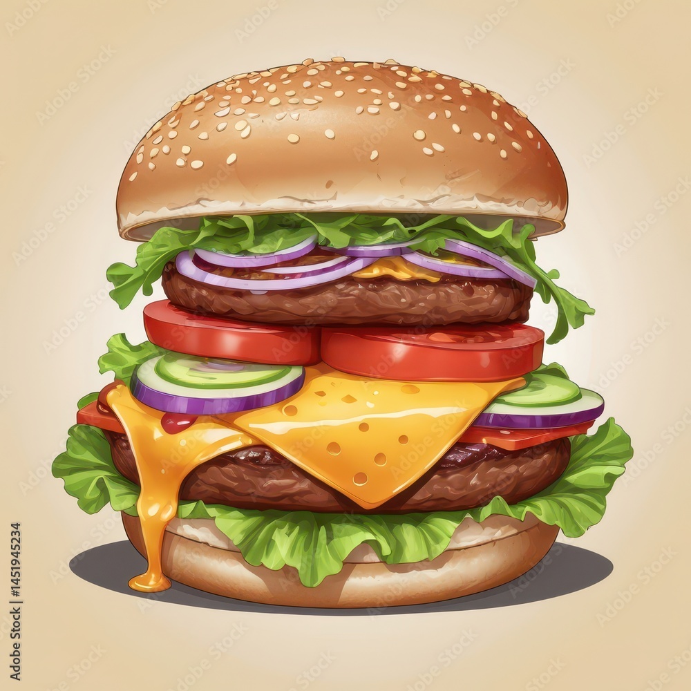 perfectly grilled burger patty topped with melted cheese slice, lettuce, tomato, red onion, special sauce, brioche bun, vector illustration, cross-section view, detailed layers, sesame seeds visible