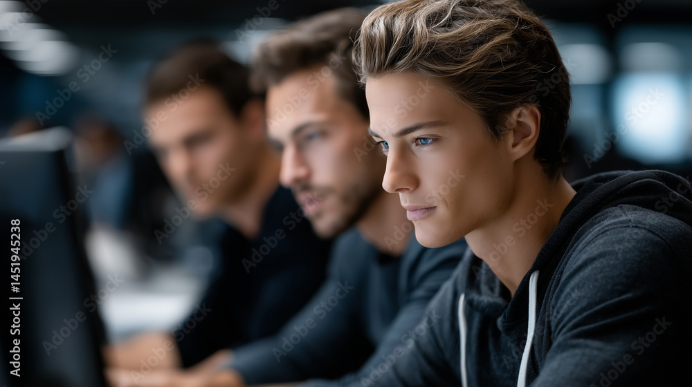 Obraz premium Three young men working together in a modern office environment setting