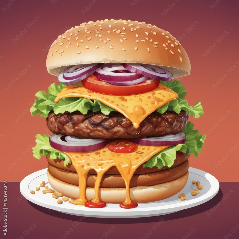 perfectly grilled burger patty topped with melted cheese slice, lettuce, tomato, red onion, special sauce, brioche bun, vector illustration, cross-section view, detailed layers, sesame seeds visible