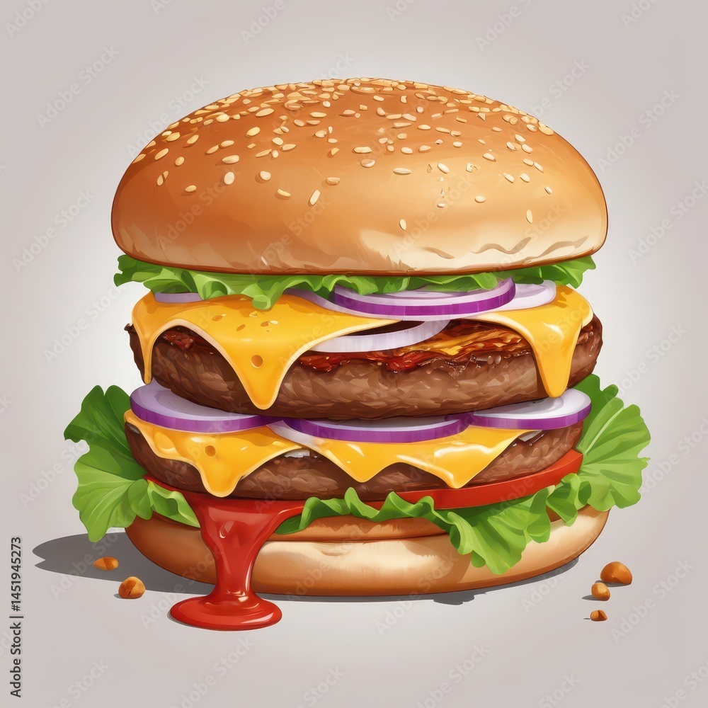 perfectly grilled burger patty topped with melted cheese slice, lettuce, tomato, red onion, special sauce, brioche bun, vector illustration, cross-section view, detailed layers, sesame seeds visible