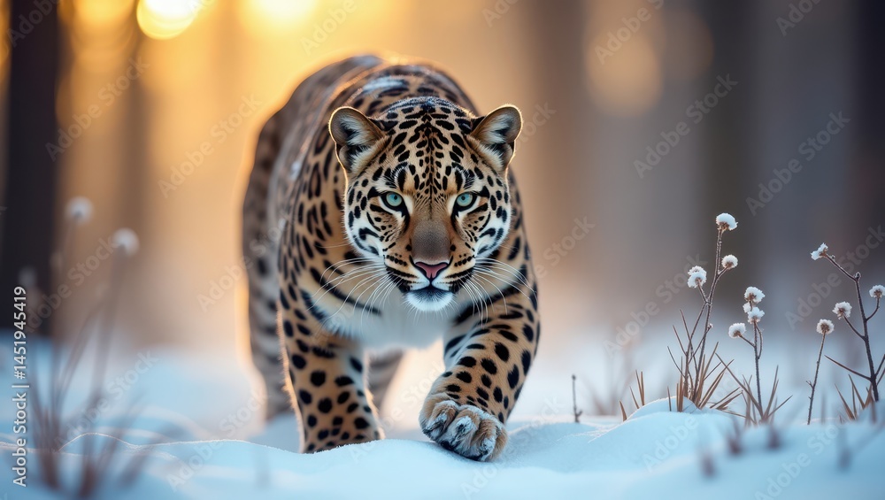 amur leopard prowling through snowy siberian forest, dawn golden light filtering through pine trees, 400mm telephoto lens f/2.8, mist-filled forest background with soft bokeh, detailed rosette pattern