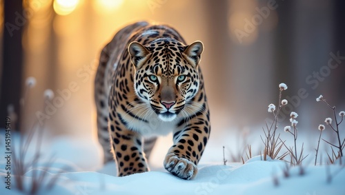 Obraz na płótnie amur leopard prowling through snowy siberian forest, dawn golden light filtering through pine trees, 400mm telephoto lens f/2.8, mist-filled forest background with soft bokeh, detailed rosette pattern w salonie